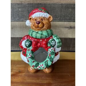 Christmas Bear Cookie Jar With Open Hole Window -Roman